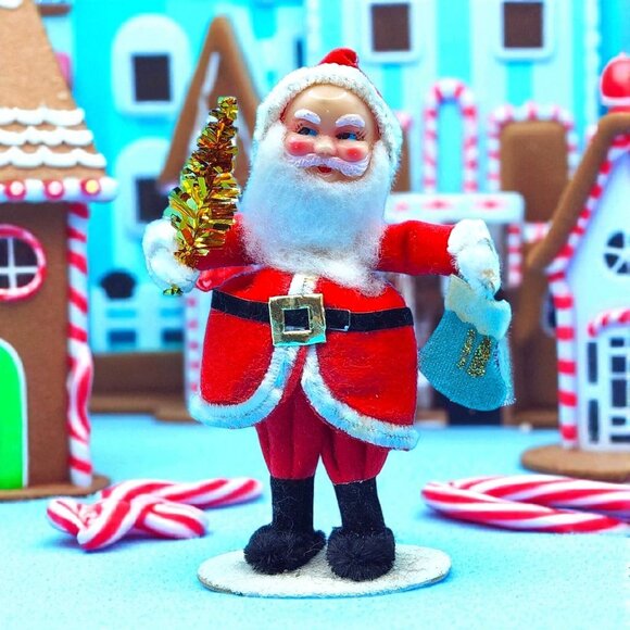 1950s Santa Claus Figure Celluloid Face Felt Suit Tinsel Bottle Brush Tree Japan - Picture 1 of 9